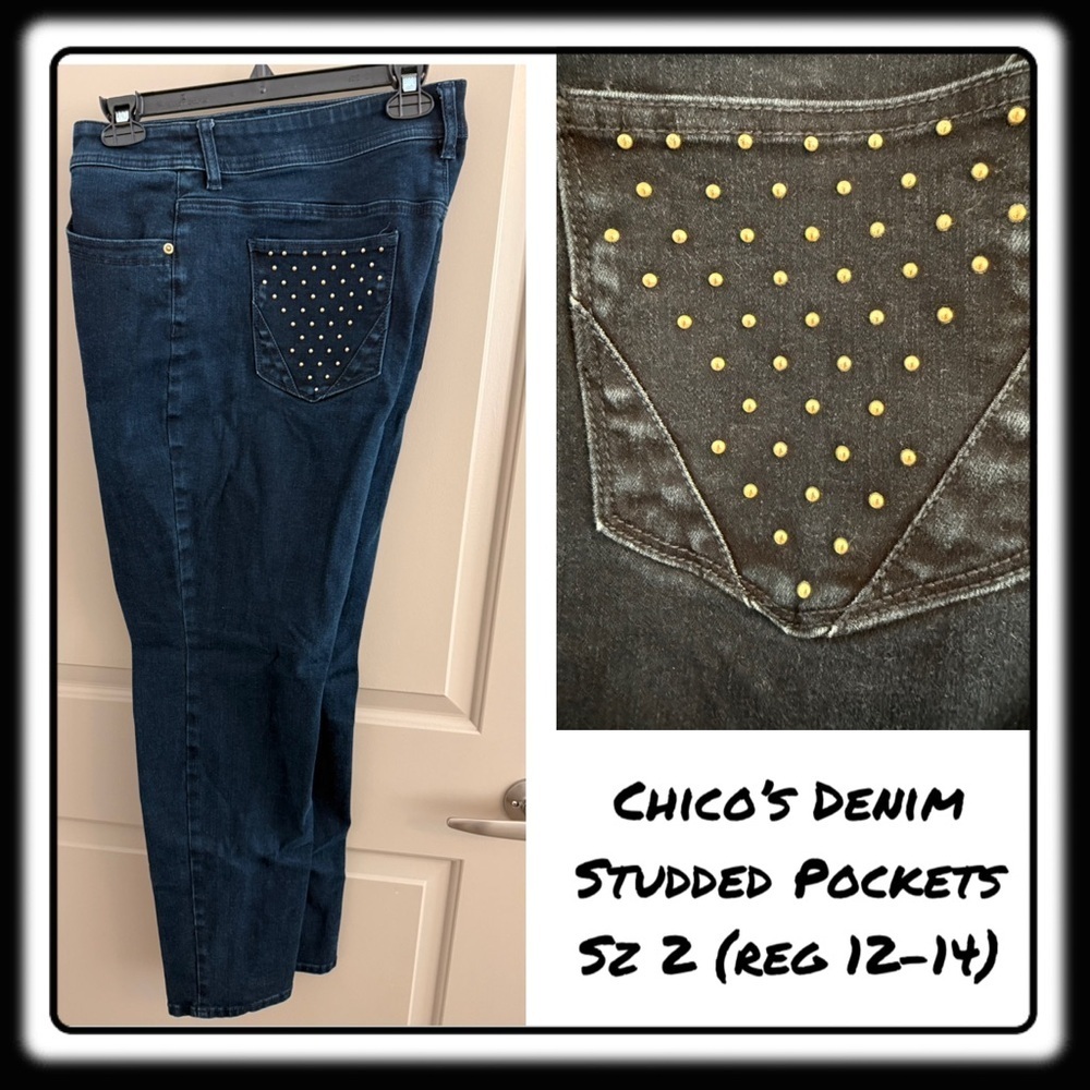 Chicos “So Slimming” denim studded 5-pocket styling.  sz 2 (approx 12-14)